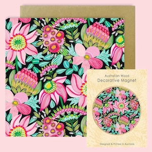 Conjunto de presente com ímã e cartão de flores rosa pastel