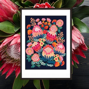 Botanical Print Wall Decor, Wall Art Print, Australian Flowers, Original Painting, Protea Flowers, Giclee Print, Kirsten Katz