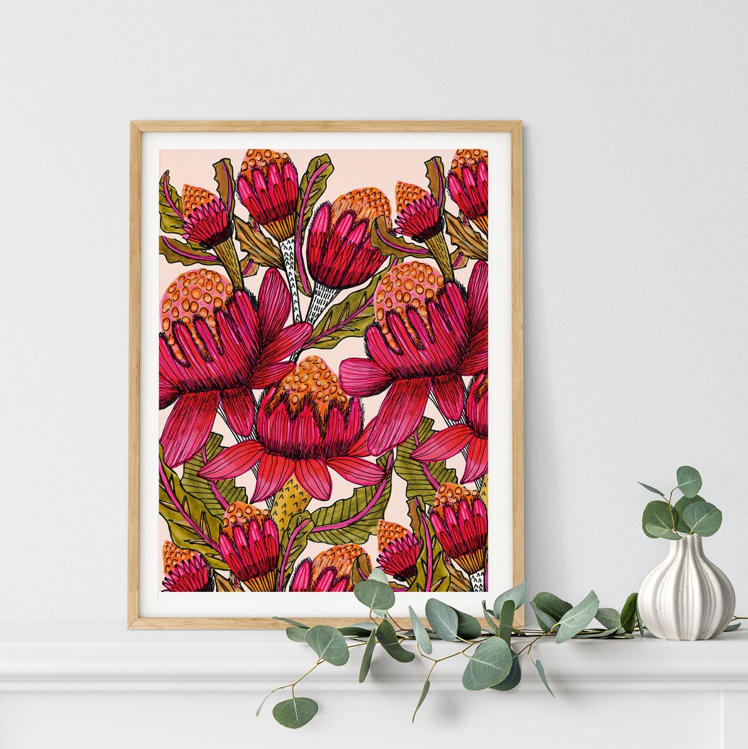 Watercolour Painting Australian Waratah Flowers Wall Art Print