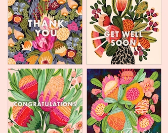 Australische bloemen, wenskaarten, wenskaart set, botanische prints, Australische flora, Australiana, Kirsten Katz
