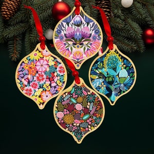 Australian Christmas Floral Bling Wooden Bauble Set - Kirsten Katz