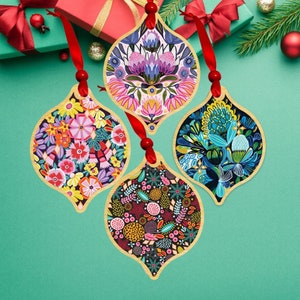 Australian Christmas Floral Bling Wooden Bauble Set - Kirsten Katz