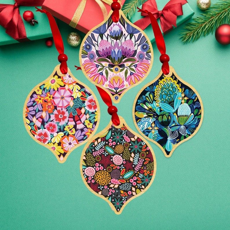 Australian Christmas Floral Bling Wooden Bauble Set - Kirsten Katz