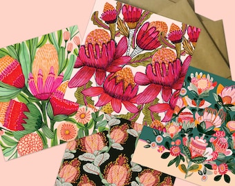 Wenskaartenset Australische inheemse bloemen, blanco kaarten botanische kunst