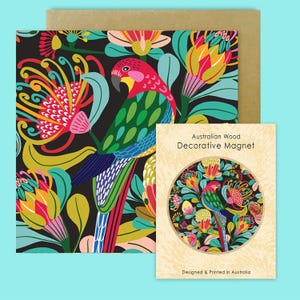 Conjunto de presente com ímã e cartão Rosella Bird, lembrança australiana