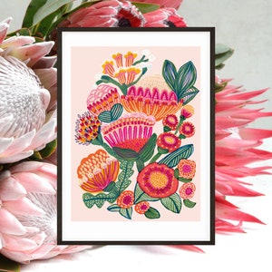 Australian Flowers Wall Decor, Protea Flower Wall Art Prints, Botanical Art Print, Original Painting Native Flora Giclee Print,Kirsten Katz