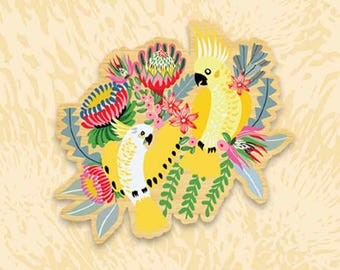 Broche de madeira em forma de cacatua, alfinete de lapela com desenho de ave australiana, presente para amante de pássaros, broche artesanal.