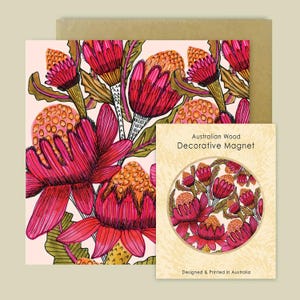 Conjunto de presente com ímã e cartão de flores Waratah, lembrança australiana