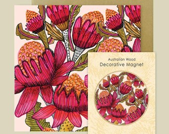 Waratah Flowers Magnet & Card Gift Set, Australian Souvenir