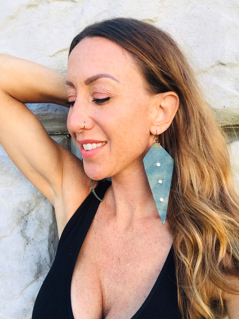 Medium Sage Green Leather Studded Earrings
