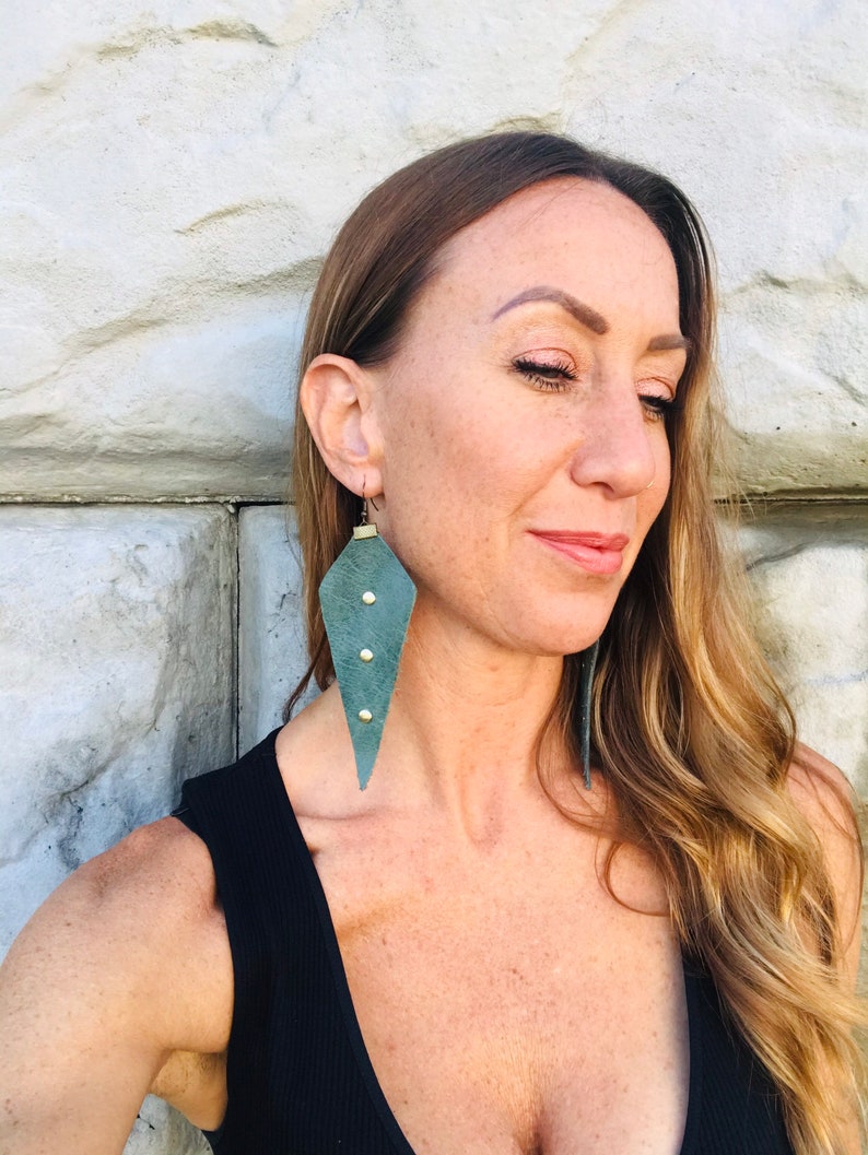 Medium Sage Green Leather Studded Earrings