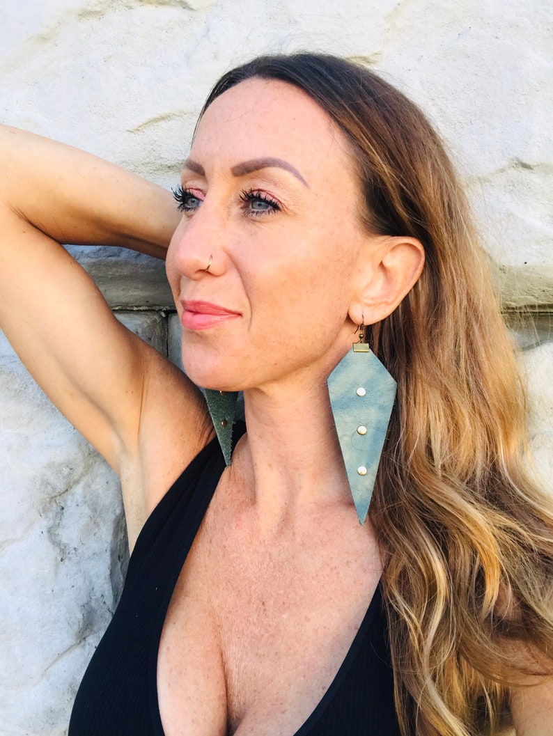 Medium Sage Green Leather Studded Earrings