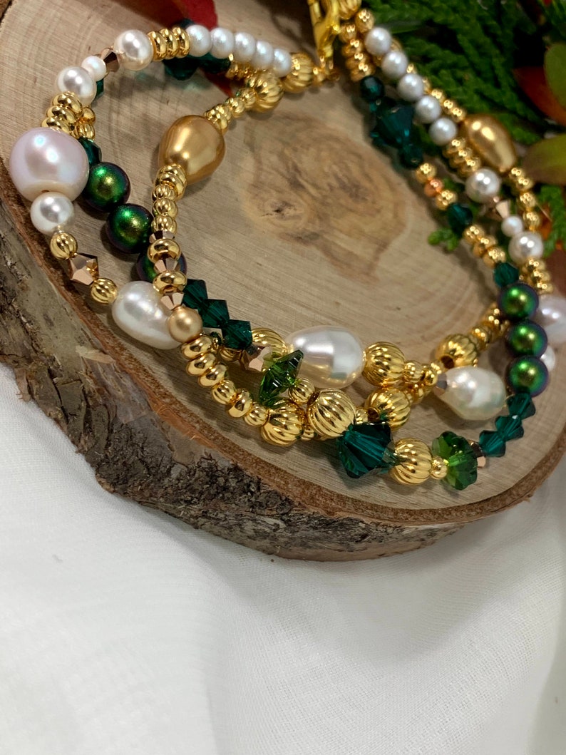 Christmas Bracelet Layered Bracelet Gold Bracelet Green Bracelet Festive Jewelry Gold and Green Holiday Bracelet