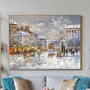 パリの街の風景油絵、パリの街の雪景色の絵画、オリジナルのパリの街の芸術、パリの賑やかな通りを歩く人々