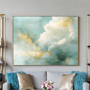 Large Cloud Abstract Painting, White Cloud Painting, Cloud Wall Art Sky Abstract Painting, Gold Abstract Painting, Cloud Canvas Painting