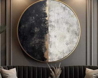 Circle Black Textured Wall Art Circle White Artwork Black Circle Abstract Art Large Abstract Art Beige Textured Art Circle Gold Abstract Art
