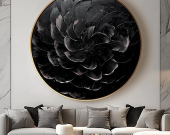Large Black Circle Abstract Painting with Textured Wall Art and Delicate Flower Motifs Circle Black Textured Wall Art Circle Black Artwork