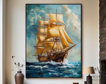Pintura de paisaje náutico Arte sobre lienzo Pintura de velero grande Pintura de navegación original Pintura de nubes grandes Pintura abstracta de navegación