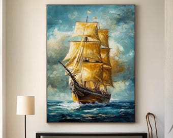 Gran pintura de paisaje marino con velero sobre lienzo hecha a mano con textura de océano azul, arte de pared impresionista costero, arte de barco, decoración de pared para sala de estar