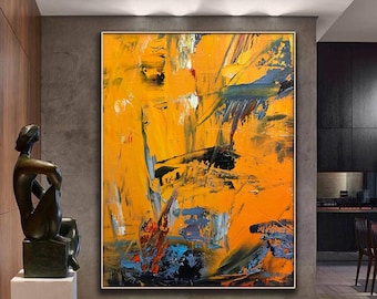 Abstract Wall Art: Large Yellow and Orange Canvas Painting (Handmade)