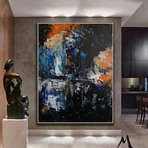 Original Black Painting, Large Blue Abstract Painting, Orange Abstract Painting, Large Wall Abstract Painting, Living Room Wall Art