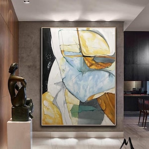 Minimalist Abstract Painting, Gold Painting Blue Painting, Large Minimalist Abstract Art, Original Abstract Painting, Living Room Wall Art