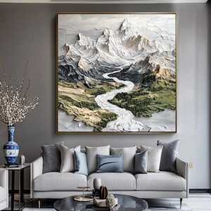 Tableau art mural montagne enneigée Grand tableau abstrait texturé de paysage blanc vert avec tableau texturé 3D Tableau abstrait vert foncé