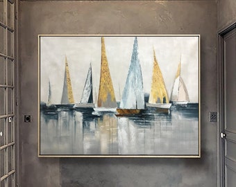 Los veleros originales se reúnen en el paisaje del puerto para pintar Obra de arte, Pintura abstracta de velero grande, Arte de pintura al óleo náutica sobre lienzo