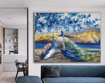 Arte de parede com pavão grande - Pintura a óleo abstrata original