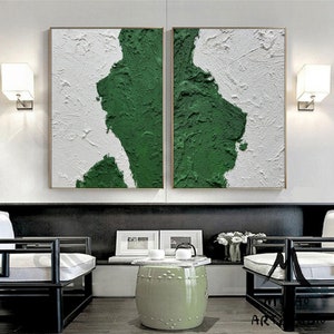 Set of 2 Green Abstract Painting,Green Textured Wall Art Painting,White Abstract Painting,Green 3D Textured Painting,Set of 2 White Wall Art