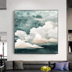 Cyan Abstract Art Painting White Cloud Painting Cloud Abstract Painting Cloud Wall Art Green Abstract Painting Cloud Canvas Painting