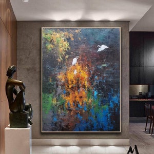 Original Blue landscape painting,Large landscape painting on Canvas,Birds oil painting,Original reed landscape painting,Living room art