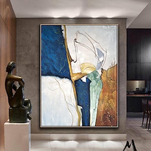 Original Abstract Painting, Blue Minimalist Abstract Painting, Large Abstract Painting, Beige Abstract Painting, Large Wall Canvas Painting