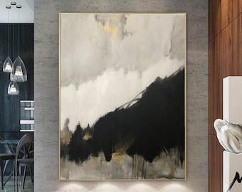 Original Black Abstract Minimalist Art Painting, Gold Painting Gray Painting, Large Abstract Painting, Large Living Room Art Oil Painting