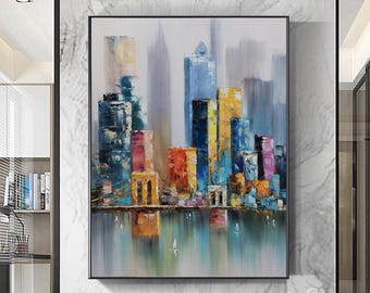 Arte abstracto de la ciudad de Nueva York para pared - Lienzo grande pintado a mano