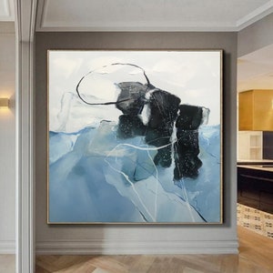 Original Blue Abstract Painting, Blue Minimalist Painting, Blue Wall Art， Black Painting, White Minimalist Painting, Living Room Wall Art