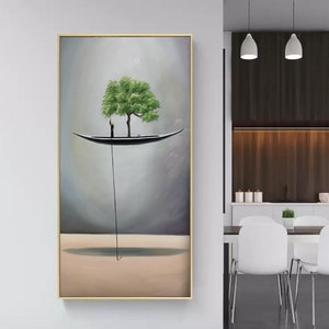 An abstract painting of a floating canoe,Abstract oil painting artwork Sailboat painting Wooden tall ship,Sky art oil painting Boat painting