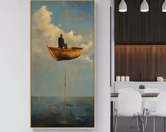 Pintura abstracta de nubes, arte mural de velero solitario, arte abstracto cerúleo, casco marrón desgastado, pintura abstracta de paisaje marino minimalista