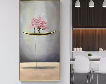 Una pintura abstracta de una canoa flotante, obra de arte de pintura al óleo abstracta, pintura de árbol de flor de durazno, pintura de velero, arte de barco alto de madera