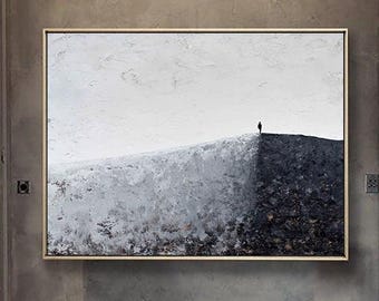 Pintura abstrata em preto e branco, arte em tela texturizada | Decoração de parede monocromática original | Acrílico sob medida de Jack Chen