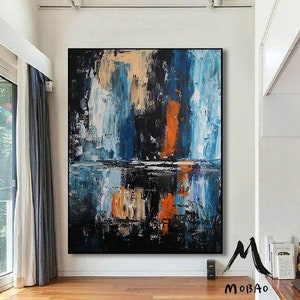 Large Blue Abstract Painting,Deep Blue Abstract Painting,Original Texture Art Abstract Painting,Blue Abstract Painting, Living Room Wall Art