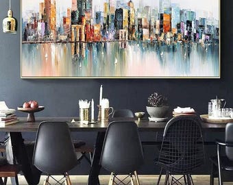 Cuadro de paisaje urbano: Gran horizonte de Nueva York - Pintado a mano