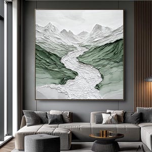 Blanc et vert clair avec peinture texturée 3D Art mural montagne Grande peinture abstraite texturée de paysage Peinture abstraite vert clair