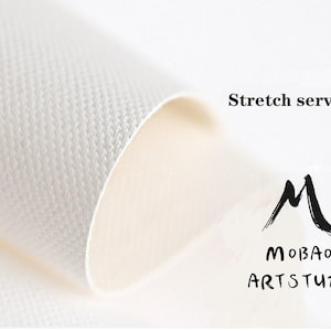 May include: A white textured canvas material with a curved edge, featuring the black text "Stretch service" and the black logo "MOBAO ARTSTUDIO" with a stylized letter M, presented on a plain white background for clear visual identification.
