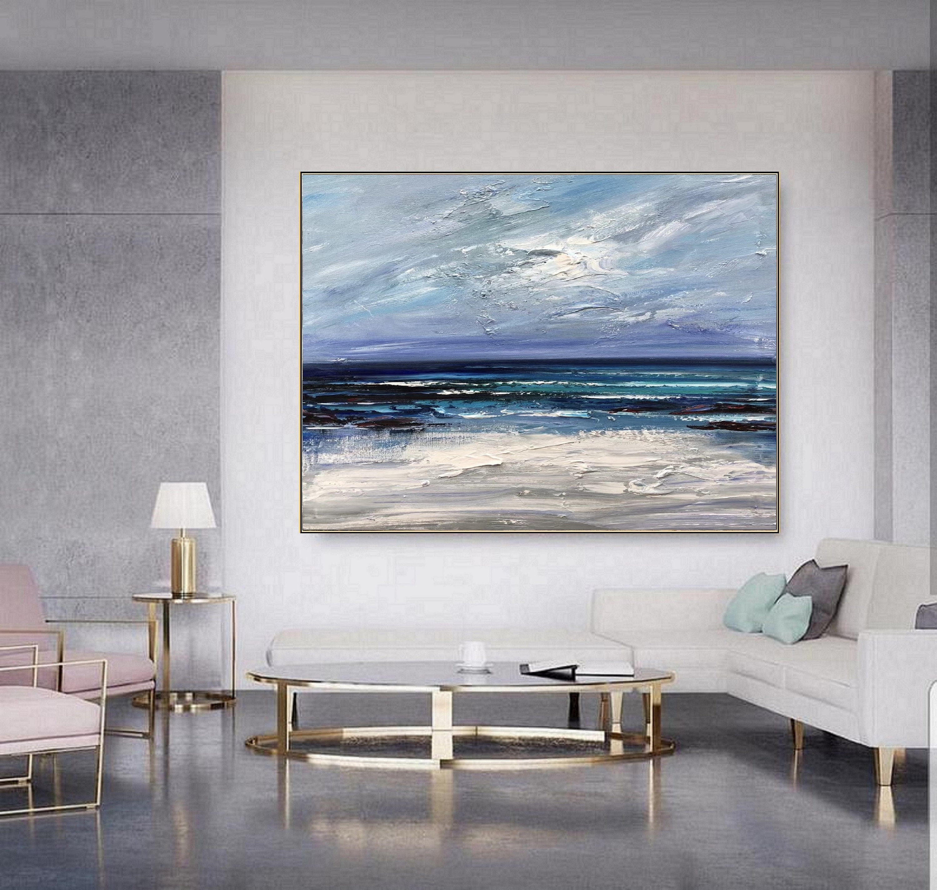 Salotto Arte ORIGINALE Spiaggia di pittura astratta grande dipinto a cielo e mare 