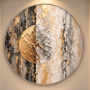 May include: A circular wall art piece featuring a textured, layered surface with a palette of gold, black, white, and beige. The design includes a smaller, off-center circular element layered over the main round canvas, creating a dimensional effect with a metallic frame.
