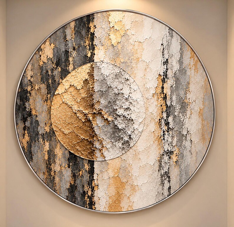 May include: A circular wall art piece featuring a textured, layered surface with a palette of gold, black, white, and beige. The design includes a smaller, off-center circular element layered over the main round canvas, creating a dimensional effect with a metallic frame.