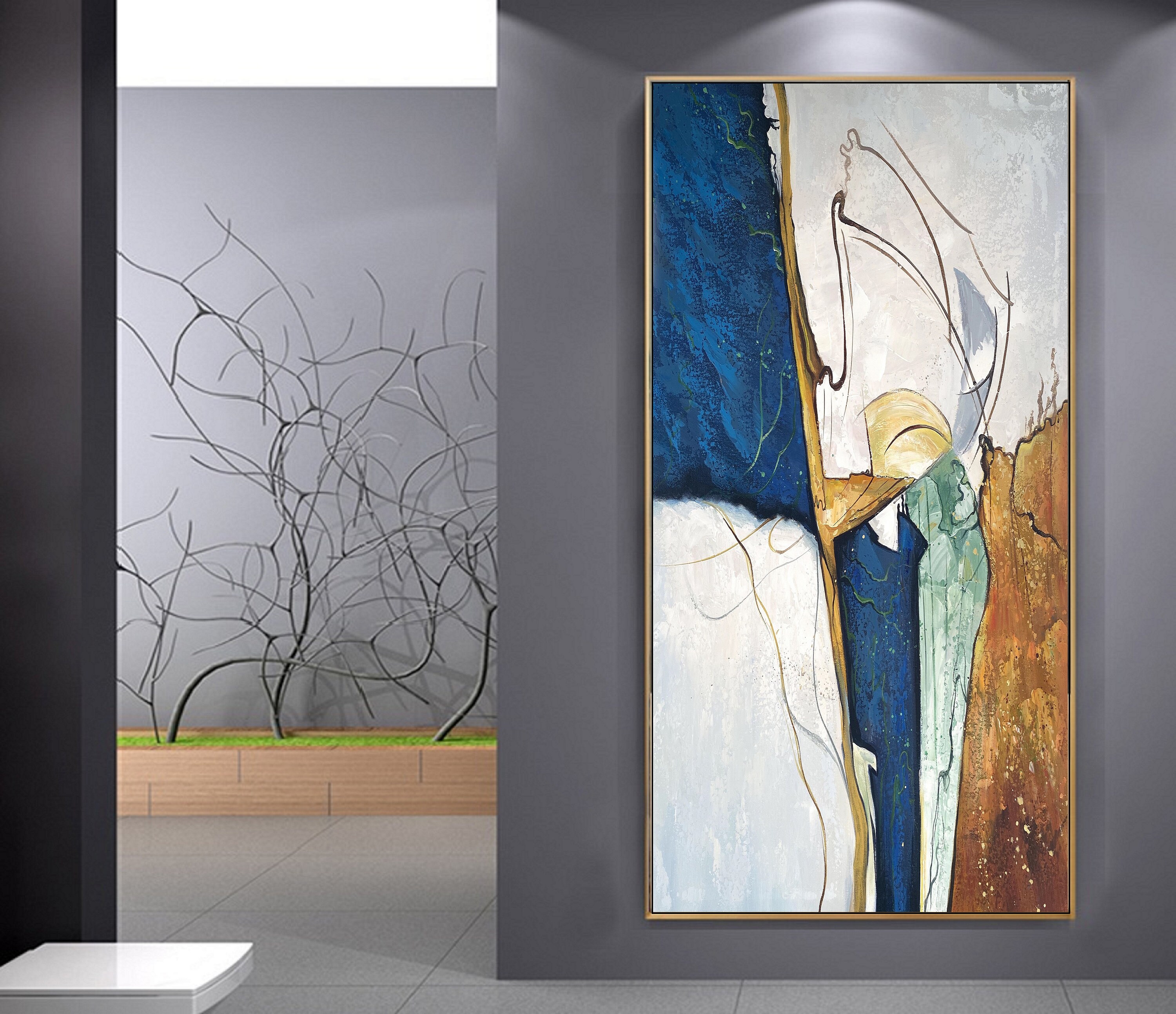 Original Navy Blue Abstract Painting Large Gold Painting | Etsy