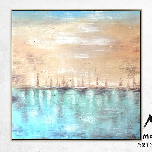 Large Sunset Abstract Painting, Blue Seascape Painting Green Abstract Painting,Oversize Painting,Sky Abstract Canvas Wall Art Office shops Decor