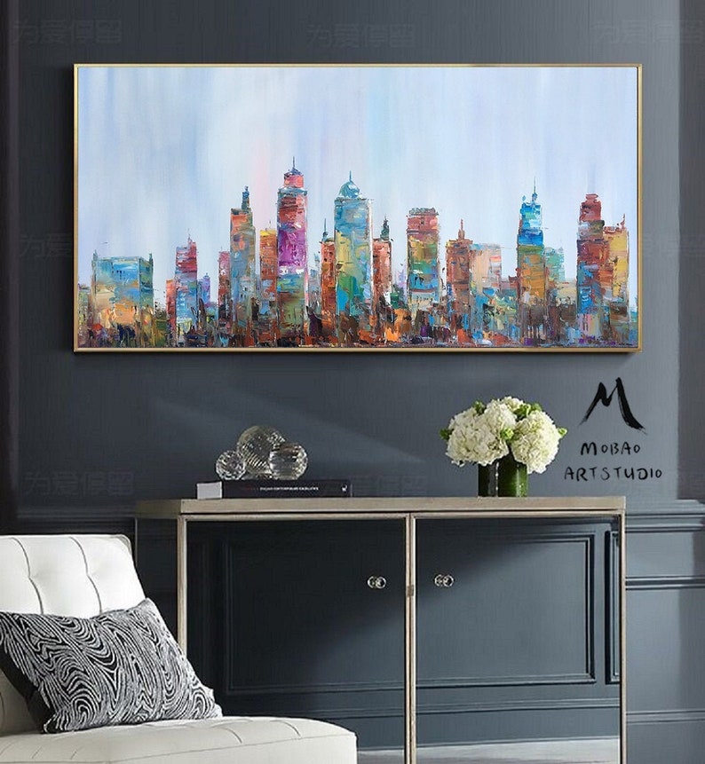 Large City Abstract Painting on Canvas Wall Art City Skyline Etsy